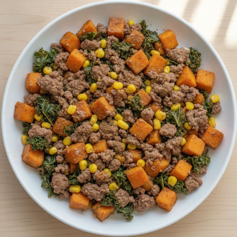 Ground Beef and Sweet Potato Skillet with Kale