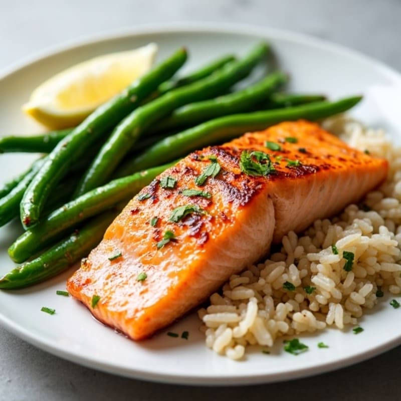 Seared Salmon with Garlic Green Beans and Brown Rice