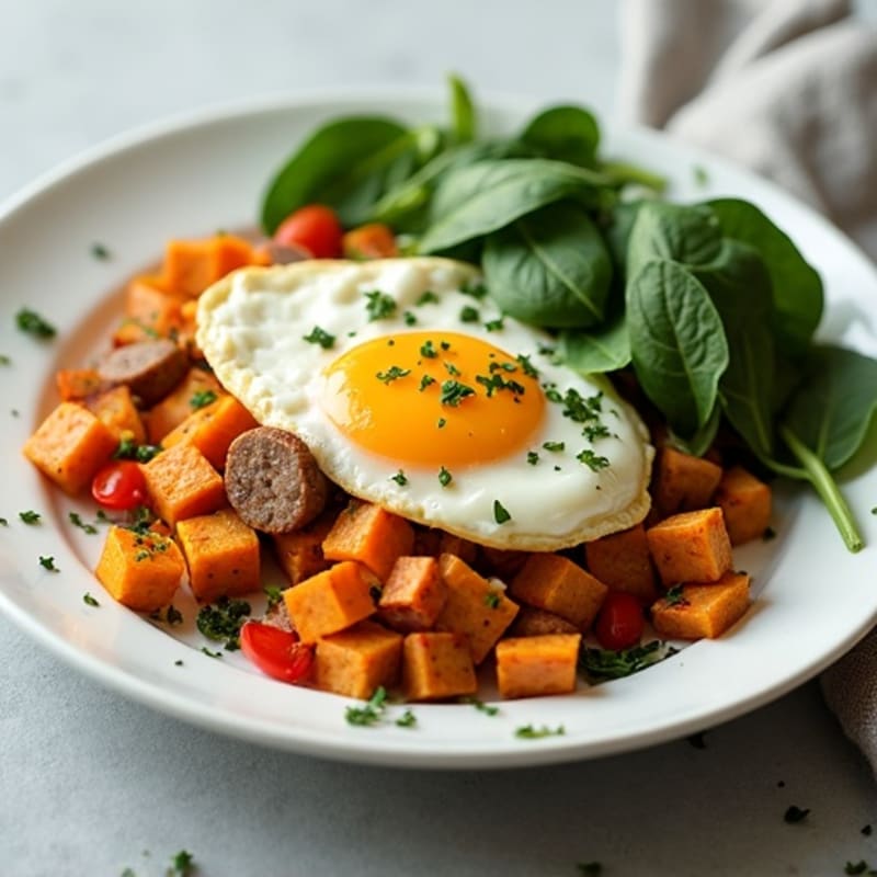 Egg White and Turkey Sausage Scramble with Roasted Sweet Potatoes
