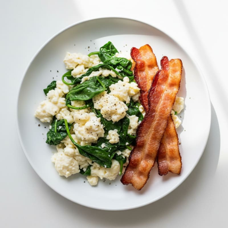 Egg White Spinach Scramble with Grilled Turkey Bacon