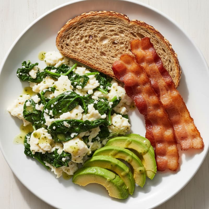 Crispy Turkey Bacon and Egg White Scramble with Sautéed Spinach
