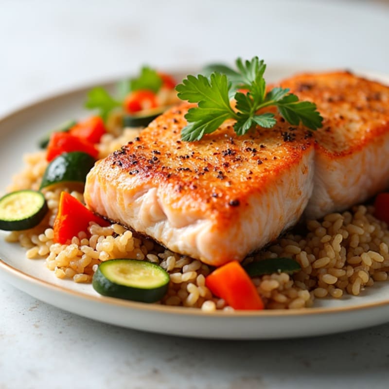 Seared Salmon with Garlic Roasted Vegetables and Brown Rice