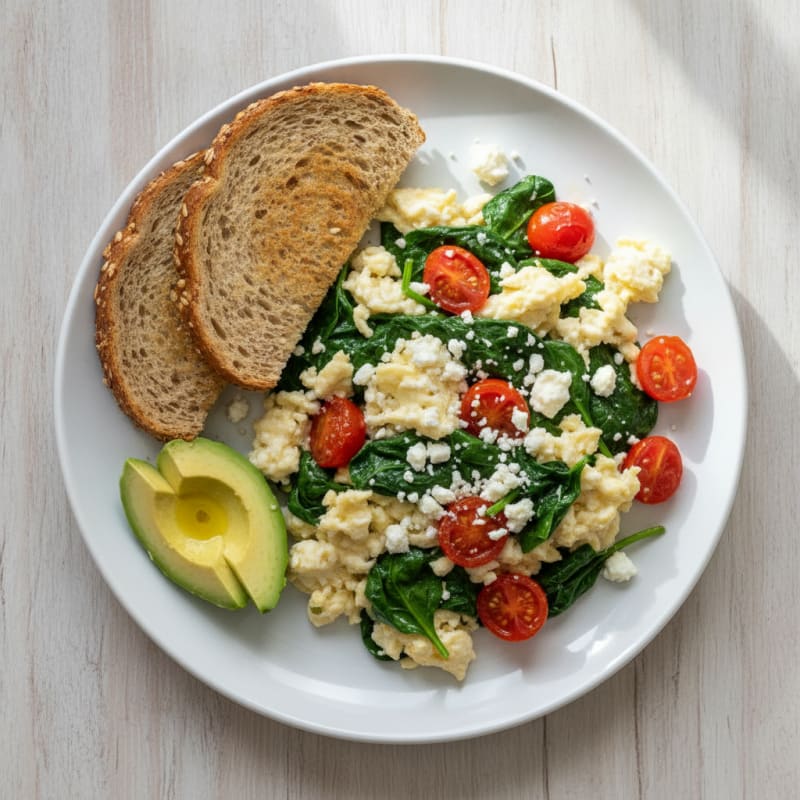Egg White Spinach Feta Scramble with Cherry Tomatoes