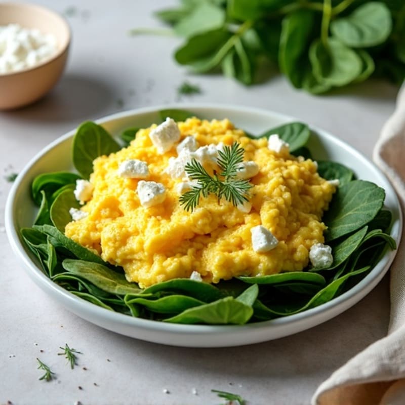 Fluffy Herb Scrambled Eggs with Fresh Spinach and Feta