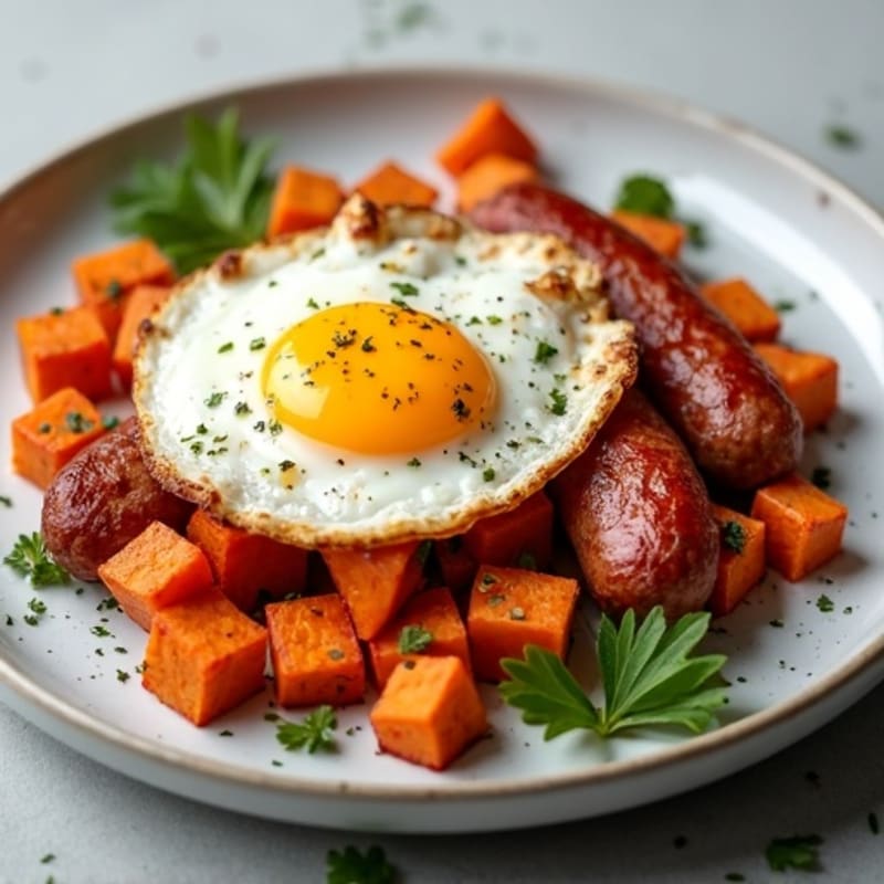 Crispy Sweet Potato Hash with Lean Turkey Sausage and Sunny-Side Up Eggs