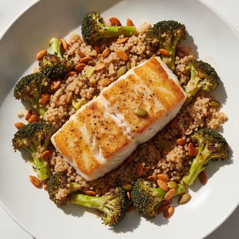Pan-Seared Cod with Roasted Broccoli and Quinoa