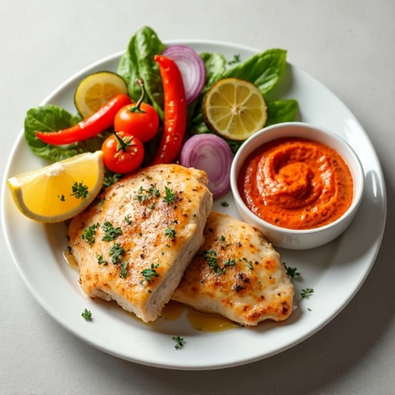 Lemon Herb Chicken with Roasted Vegetables and Creamy Roasted Red Pepper Hummus