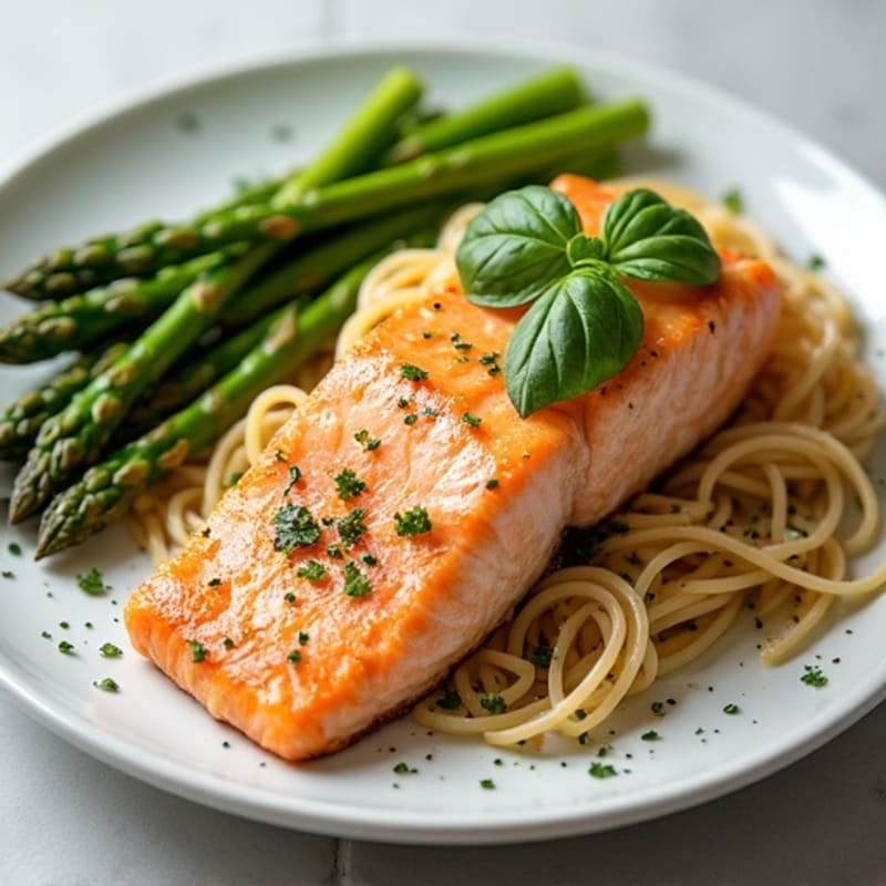 Seared Salmon with Garlic Herb Pasta and Steamed Asparagus