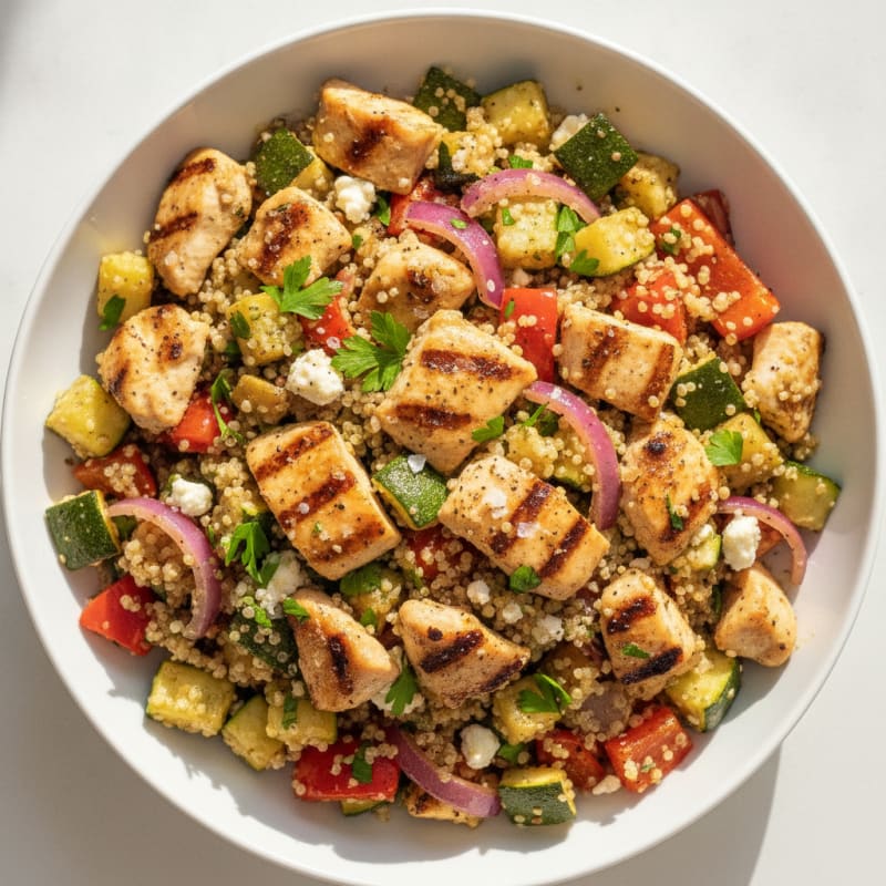 Mediterranean Quinoa with Roasted Vegetables and Grilled Chicken