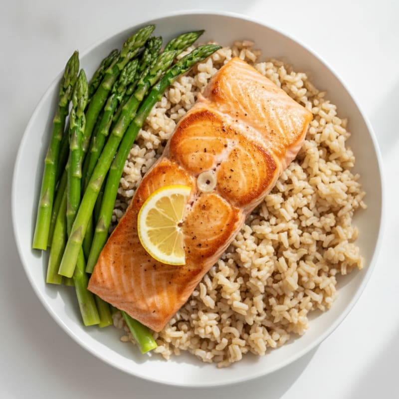 Seared Salmon with Steamed Asparagus and Brown Rice