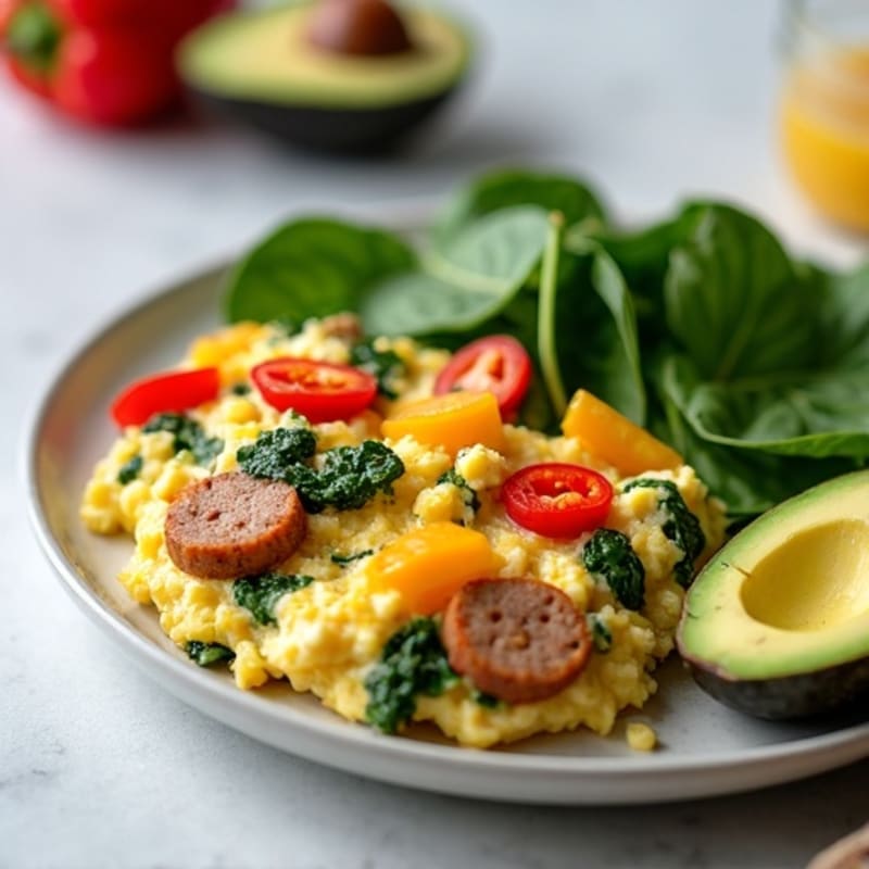 Egg White Spinach Scramble with Turkey Sausage and Sautéed Peppers