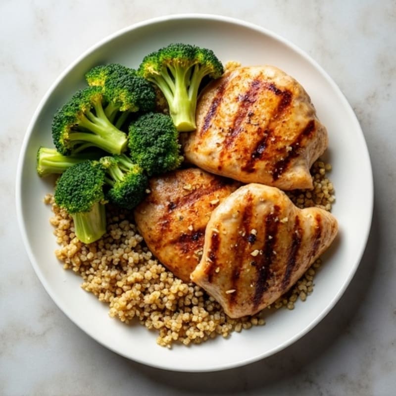 Grilled Chicken Thighs with Roasted Broccoli and Quinoa
