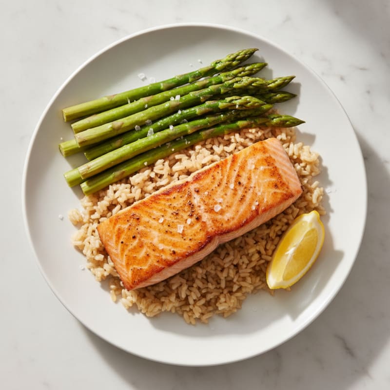 Seared Salmon with Steamed Asparagus and Brown Rice