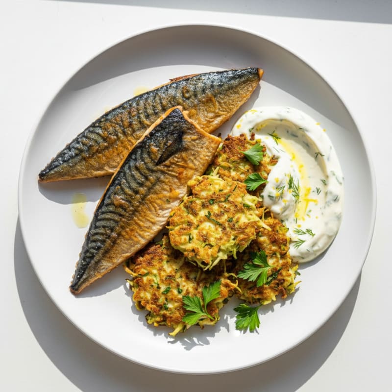 Crispy Pan-Seared Mackerel with Zesty Fritters