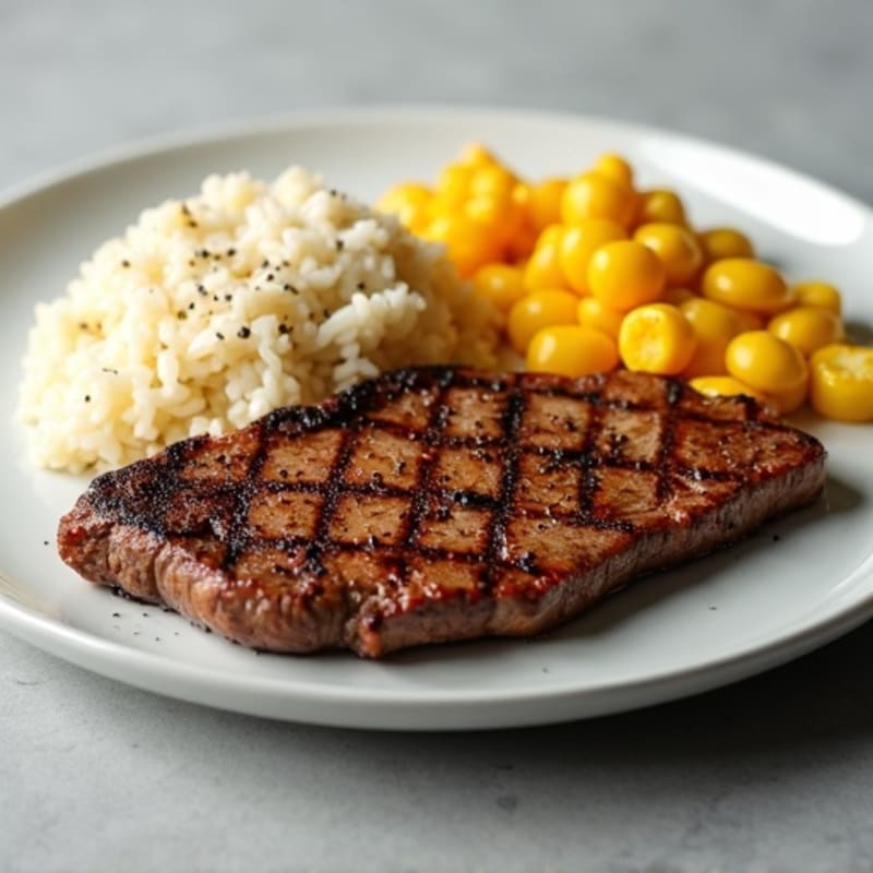 Pepper-Seared Steak with Garlic Butter Rice and Charred Corn