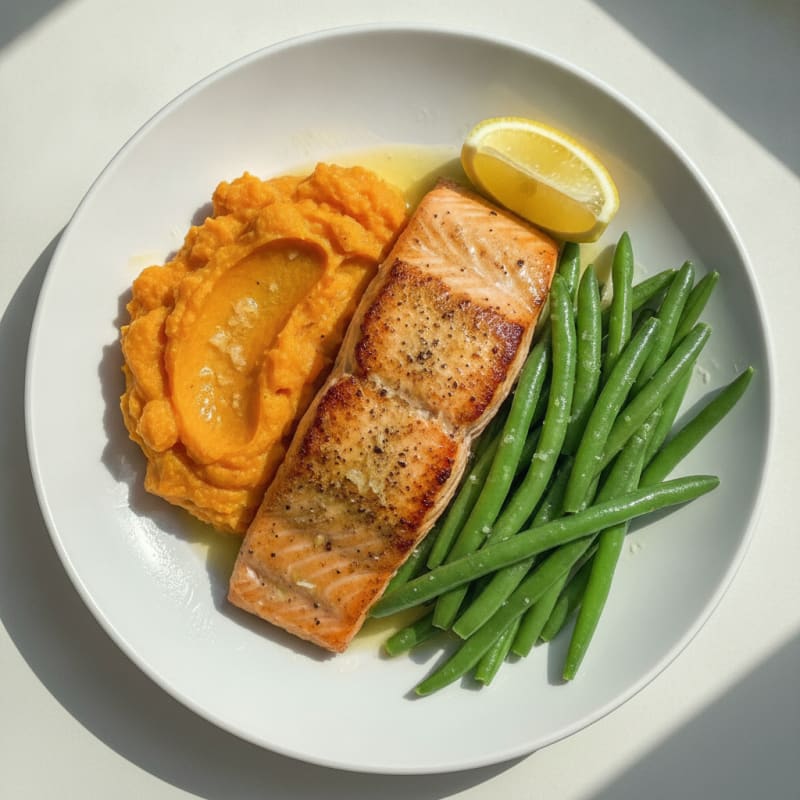 Seared Salmon with Steamed Green Beans and Mashed Sweet Potato