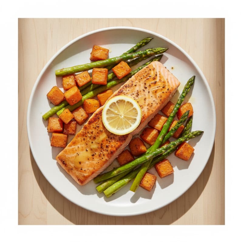 Seared Salmon with Roasted Sweet Potatoes and Asparagus