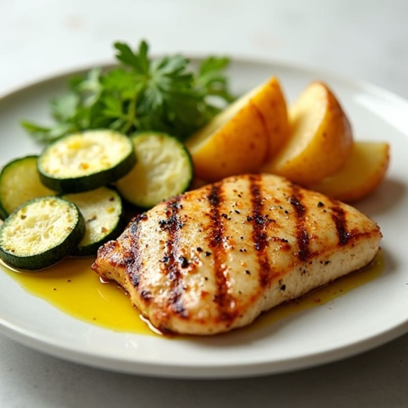 Grilled Chicken Breast with Zucchini and Potato Wedges