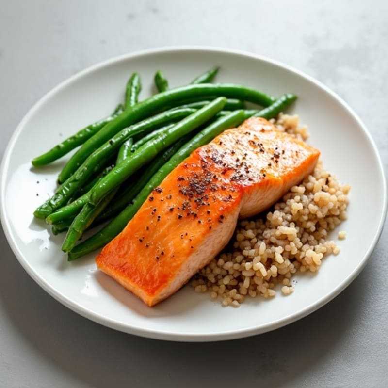 Seared Salmon with Steamed Green Beans and Brown Rice