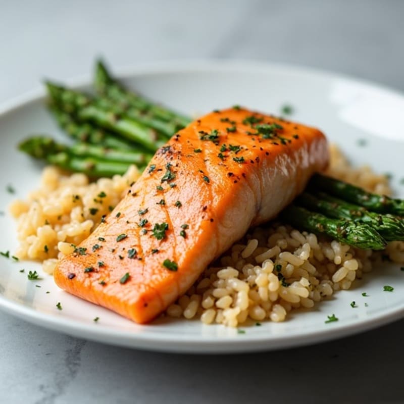 Seared Salmon Fillet with Steamed Asparagus and Brown Rice