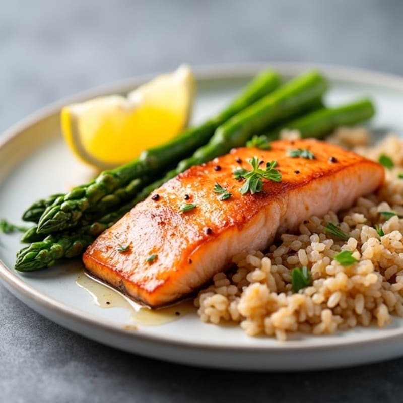 Seared Salmon with Steamed Asparagus and Brown Rice