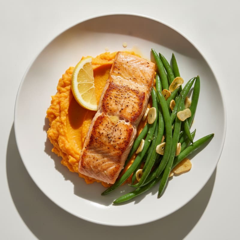 Seared Salmon with Garlic Green Beans and Sweet Potato Mash