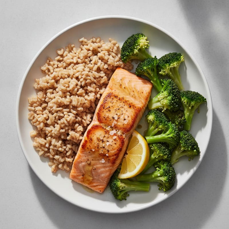 Seared Salmon with Steamed Broccoli and Brown Rice