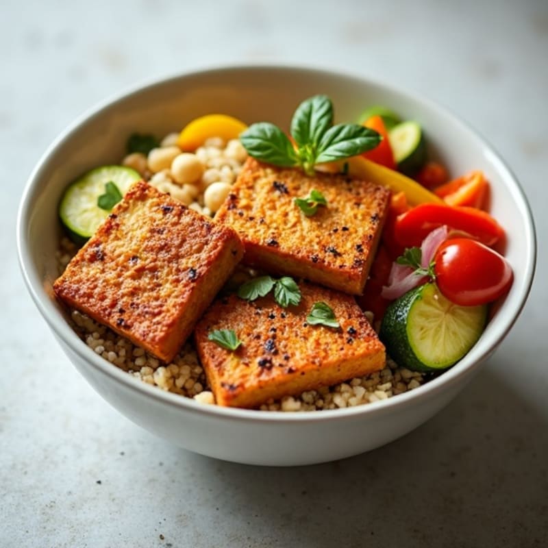 Crispy Tofu Power Bowl with Quinoa and Roasted Vegetables