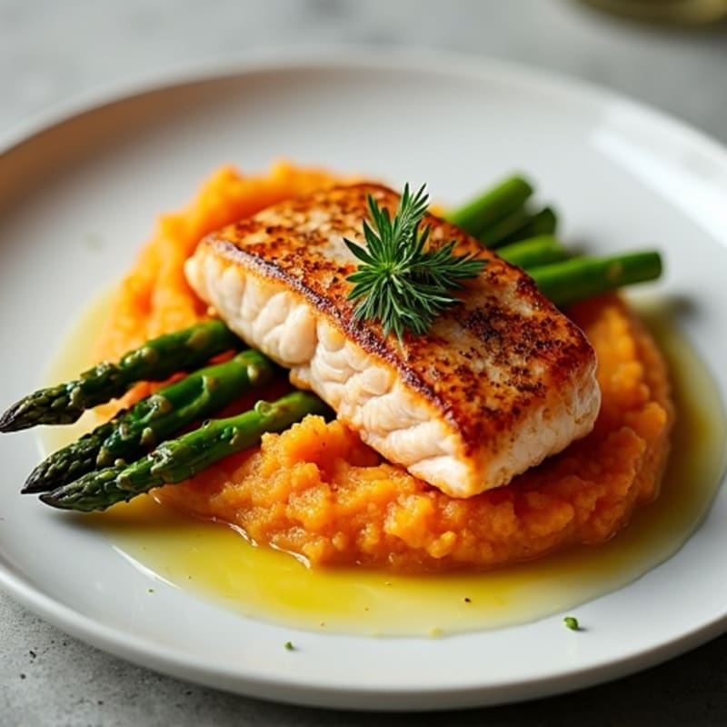 Seared Salmon Fillet with Roasted Asparagus and Sweet Potato Mash