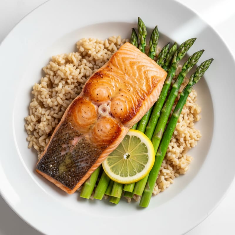Seared Salmon Fillet with Steamed Asparagus and Brown Rice