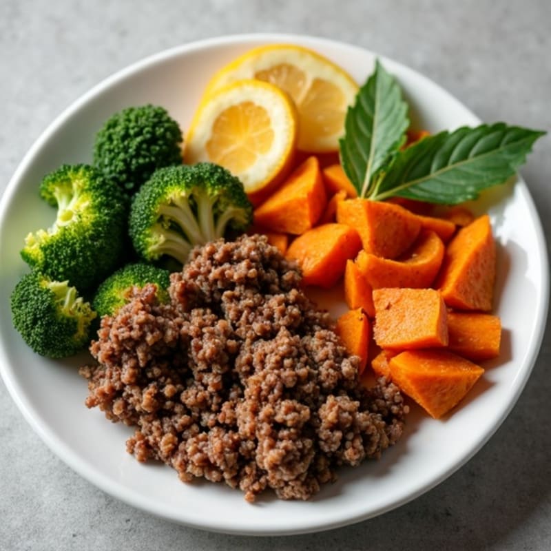 Crispy Ground Beef and Roasted Broccoli with Sweet Potato