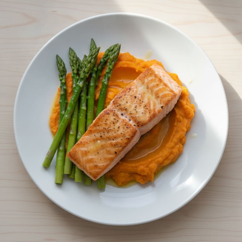 Seared Salmon with Steamed Asparagus and Sweet Potato Mash