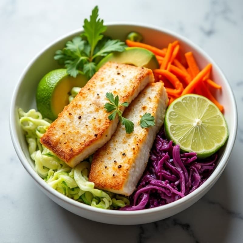 Flaky White Fish and Crunchy Slaw Bowls with Creamy Avocado Dressing