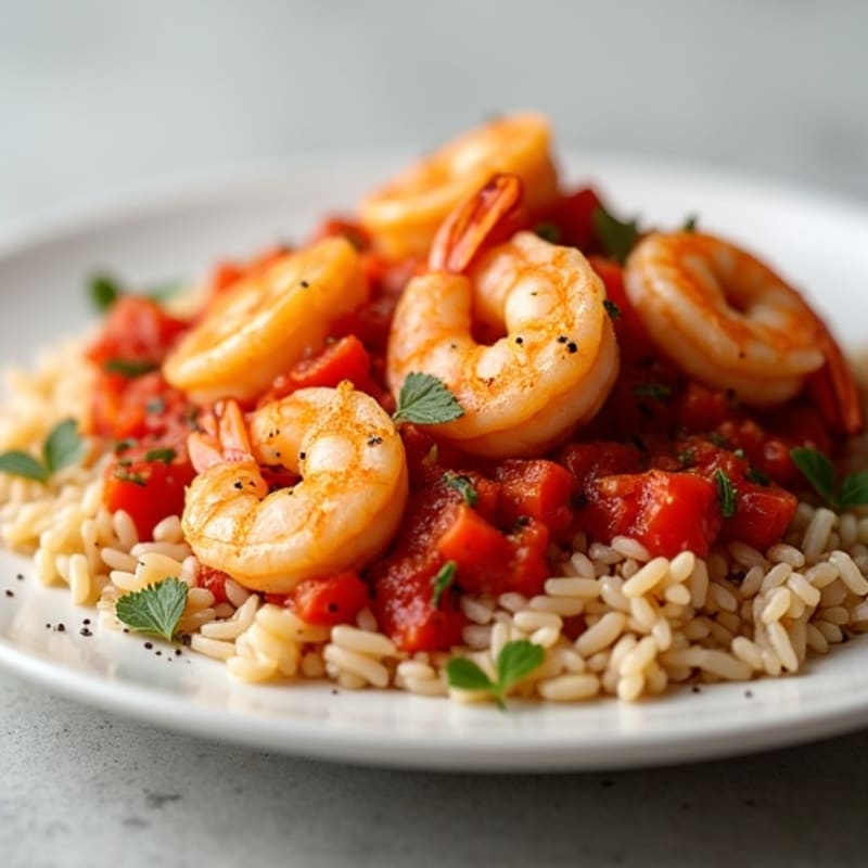Garlic Shrimp with Chunky Tomato Sauce and Fluffy Rice