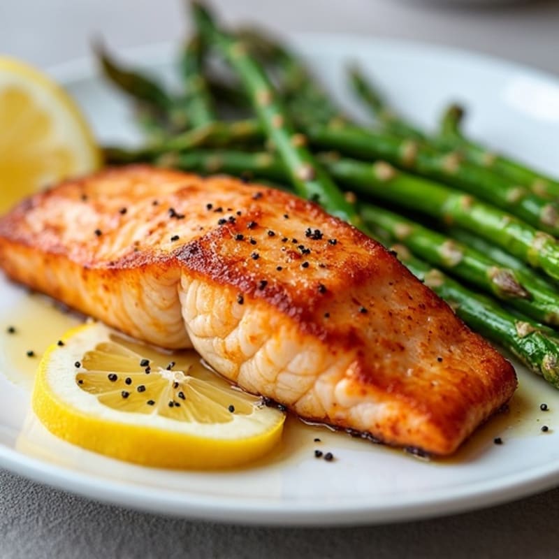 Pan-Seared Crispy Salmon with Lemon Roasted Asparagus