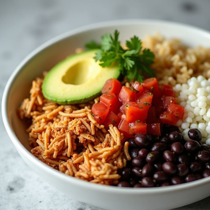 Spiced Shredded Chicken Burrito Bowl with Fresh Salsa and Creamy Avocado