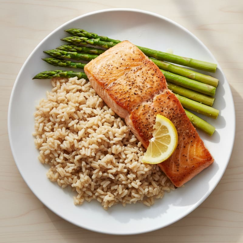 Seared Salmon with Steamed Asparagus and Brown Rice