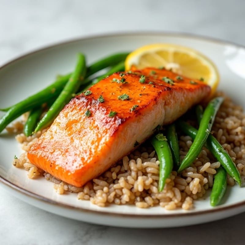 Seared Salmon with Garlic Green Beans and Brown Rice