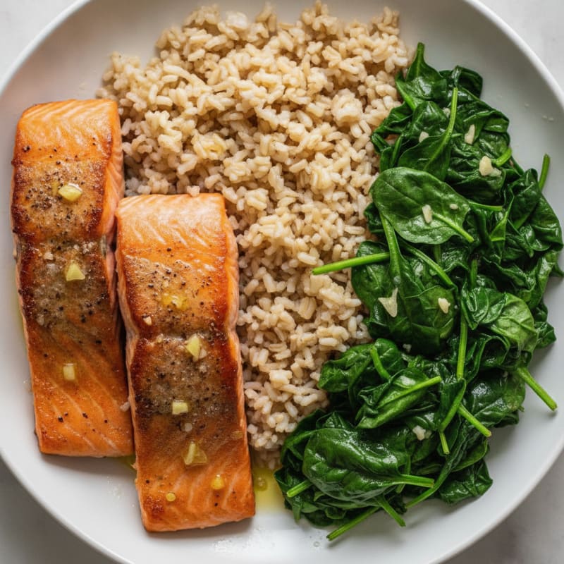 Baked Salmon with Brown Rice and Sautéed Spinach