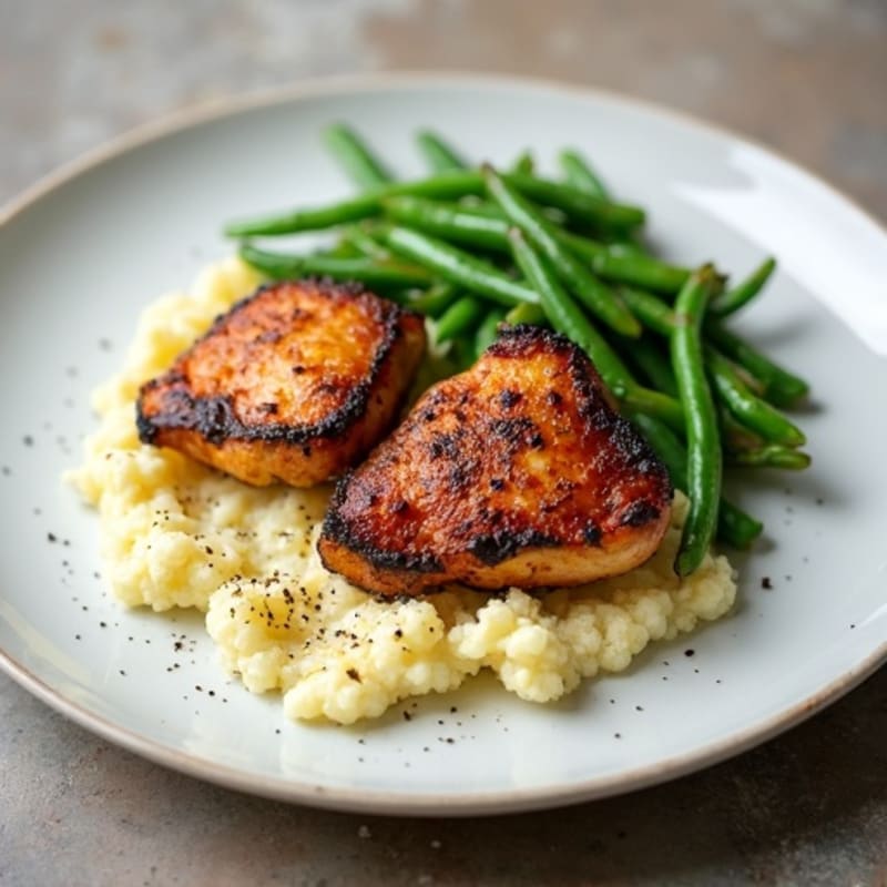 Seared Chicken Thighs with Garlic Green Beans and Cauliflower Mash