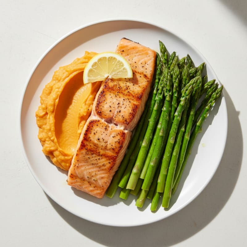 Seared Salmon with Steamed Asparagus and Sweet Potato Mash
