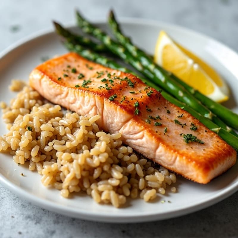 Seared Salmon Fillet with Steamed Asparagus and Brown Rice