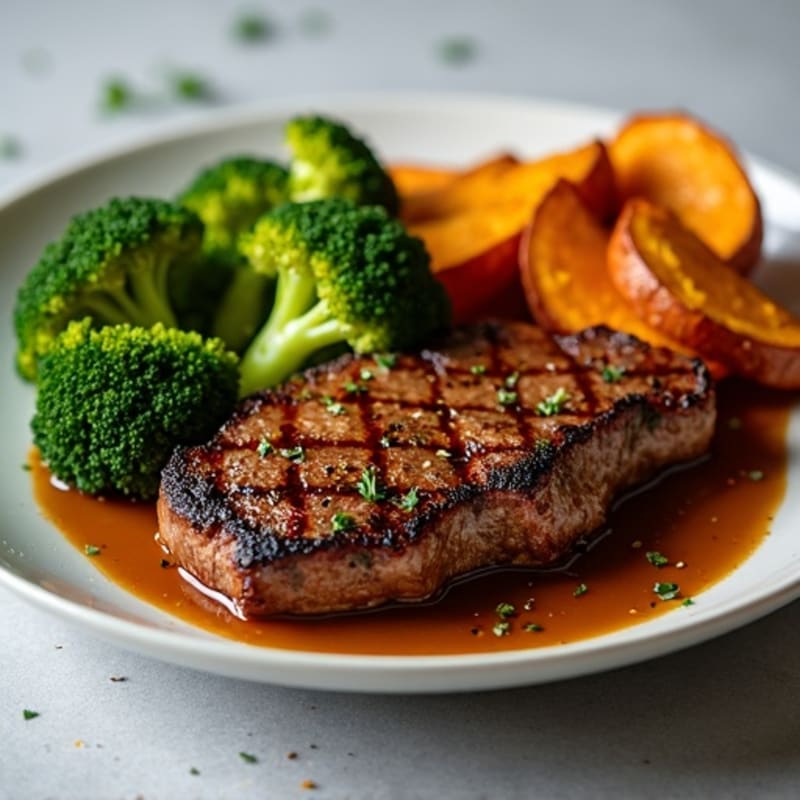 Seared Ribeye Steak with Roasted Broccoli and Garlic Sweet Potato Wedges
