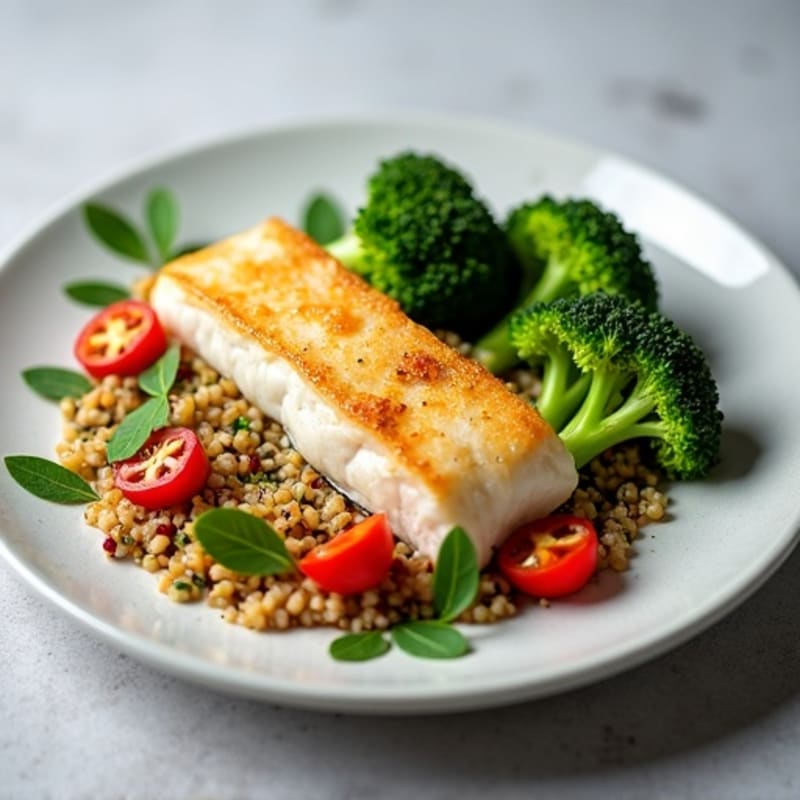 Seared Cod Fillet with Roasted Broccoli and Quinoa Salad