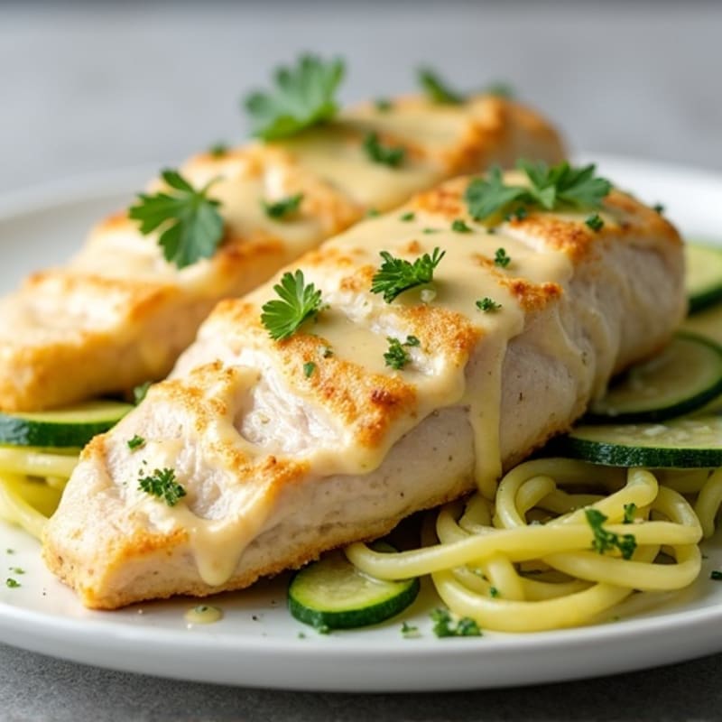 Creamy Cauliflower Alfredo Chicken with Zucchini Noodles