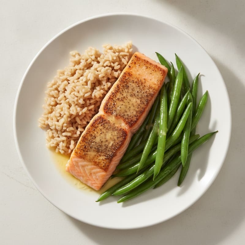 Seared Salmon Fillet with Steamed Green Beans and Brown Rice