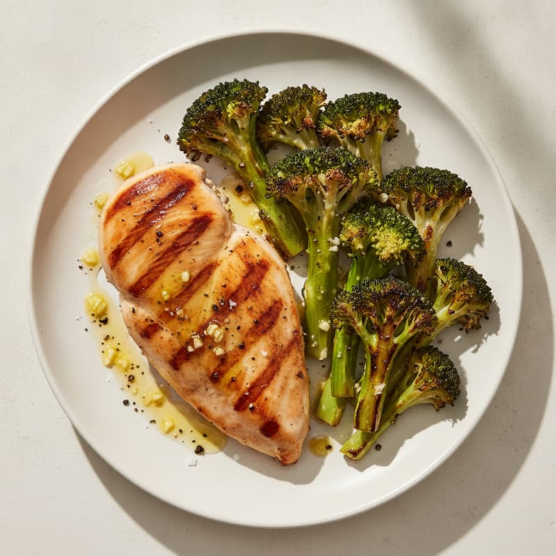 Grilled Chicken Breast with Roasted Broccoli and Garlic Olive Oil Drizzle