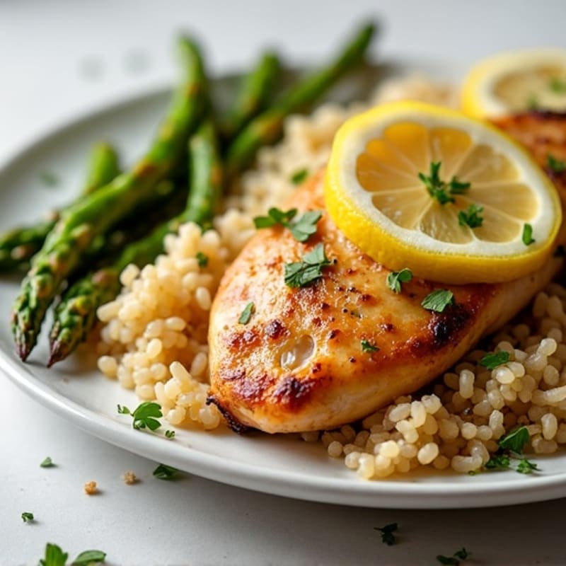 Lemon Herb Roasted Chicken with Fluffy Brown Rice and Roasted Asparagus