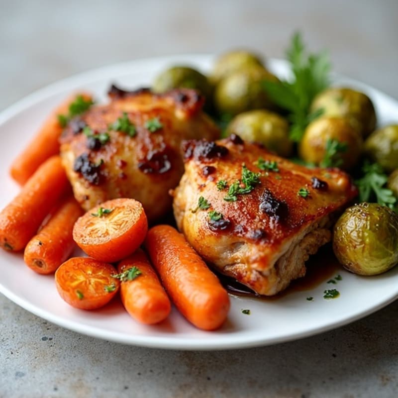 Roasted Chicken Thighs with Maple Glazed Carrots and Crispy Brussels Sprouts