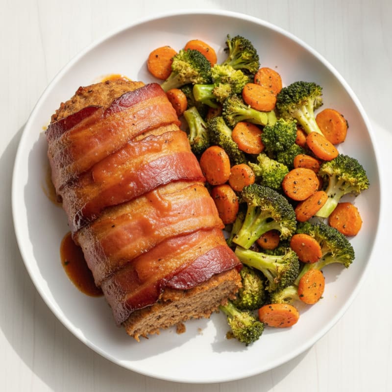 BBQ Bacon-Wrapped Meatloaf with Roasted Vegetables